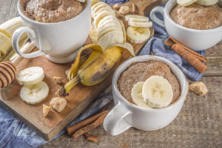 portioned,banana,bread,mugcake,in,small,mugs.,easy,sweet,baking